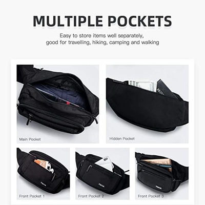 Bum Fashion Fanny Pack Erkek Kadın Suya Dayanıklı Bel Çantası, 6 Fermuarlı Cepli